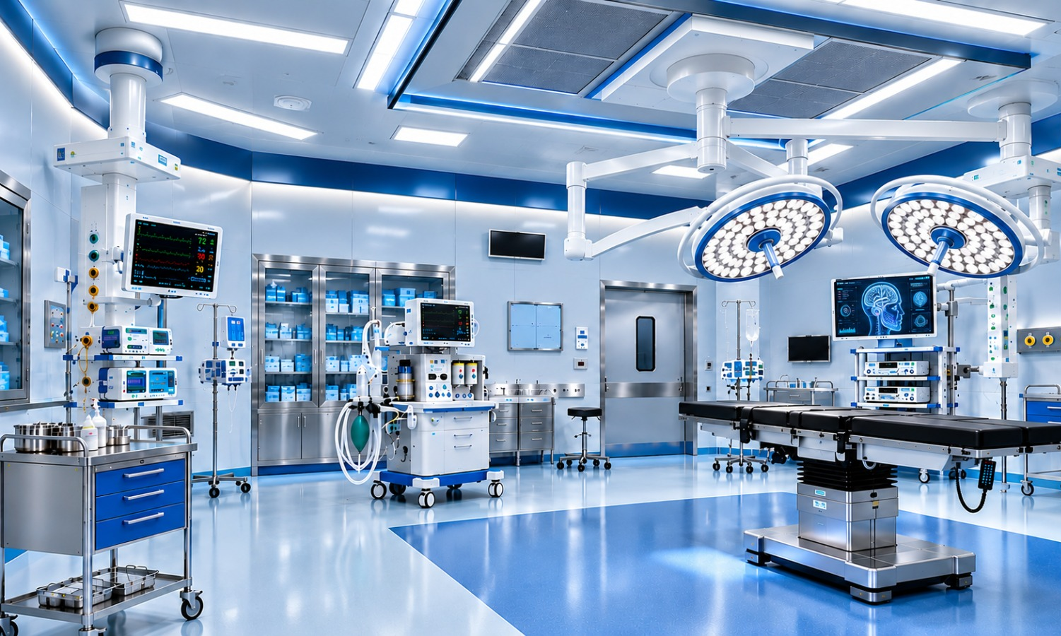 Modern operating theatre with surgical lights, an operating table and patient monitoring equipment